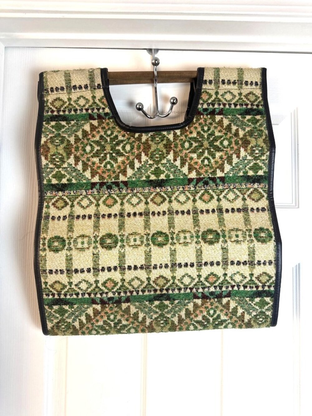 Folk Art Textile Vintage Firewood Carrying Tote with Wood Handles